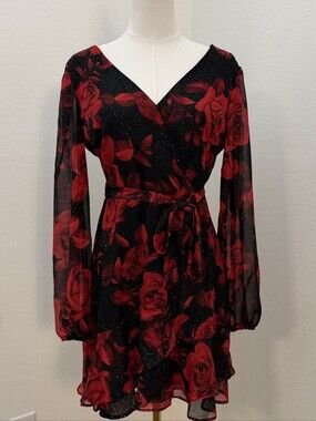 City Triangles Black Mini Dress with Red Rose Print